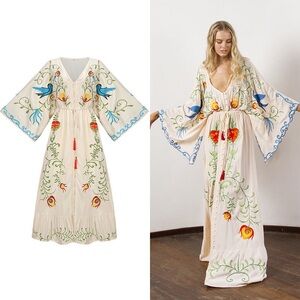 Boho Embroidered Hearts Maxi Dress Kimono Long Sleeved in White Size S, M, L, XL